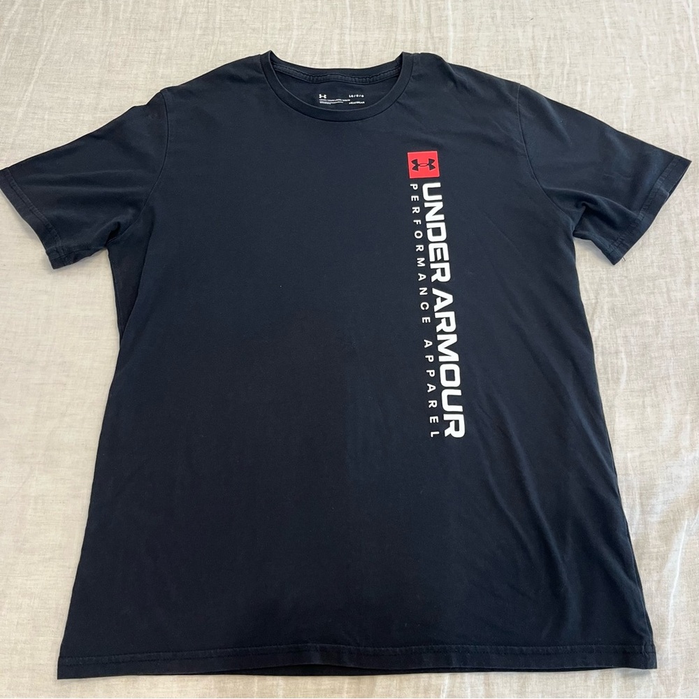 Black Short Sleeve Tee with Vertical White Logo and Red Accent